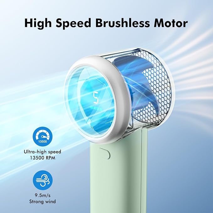 WHATOOK Portable Handheld Turbo Fan, 5 Speeds Mini Personal Fan with 4000mAh Rechargeable Battery, Small Pocket Fan for Travel Essentials, Beach, Office, Gifts for Women Men - Mint Green - Image 5