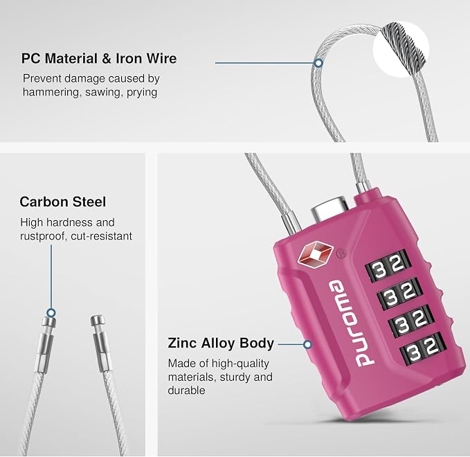 Puroma 4 Pack TSA Approved Luggage Locks 4 Digit Code Cable Lock 4 Color | Resettable, Flexible Cable, Zipper holes, Zinc Alloy, Bright Color, Large White Numbers, Suitcase Train Travel, laptop bag - Image 5