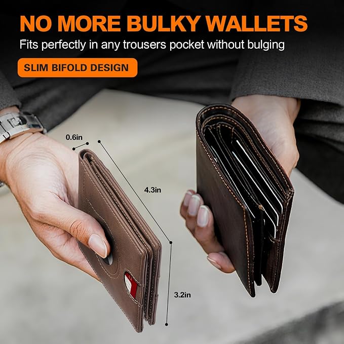 Wallet for Men Slim RFID Blocking Bifold Carbon Fiber,Minimalist Small Compact Front Pocket Credit Card Holder,Thin Mens Leather Wallets Smart Security With 2 ID windows 1 Cash (Dark Brown) - Image 4
