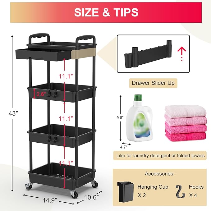 Goovilla 4 Tier Rolling Utility Cart Organizer with Removable Drawer, Black | Stable and Sturdy Rolling Storage Carts with 2 Lockable Wheels for Bathroom, Kitchen, Snack, Craft, Makeup, Baby Essentials - Image 4