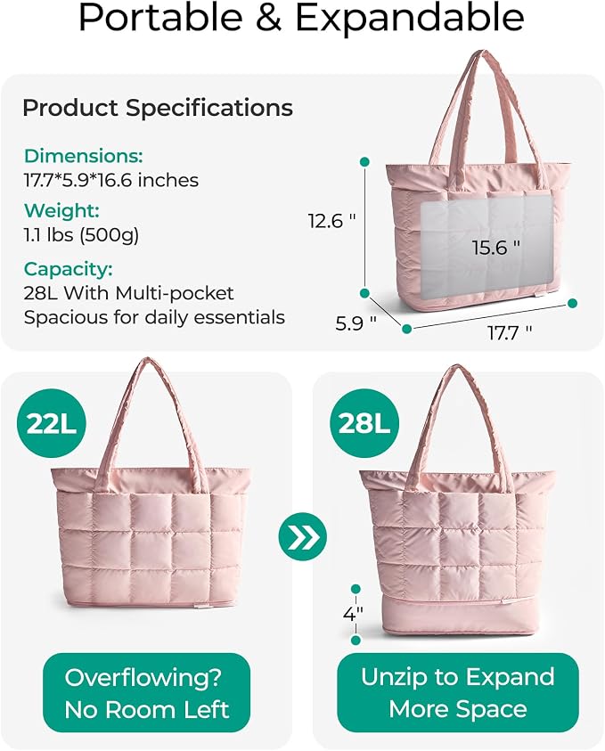 BAGSMART Expandable Tote Bag for Women, Puffer Work Tote Travel Bag | Quilted Carry On Bag for Travel Work Gym College, Waterproof Travel essentials - Image 3