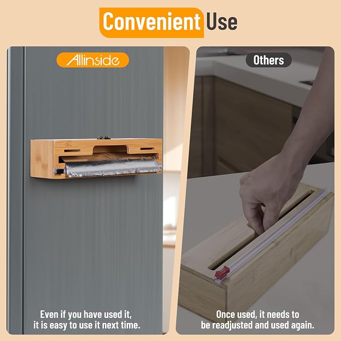 Allinside Magnetic Plastic Wrap Dispenser with Cutter and Labels, Aluminum Foil Holder, Wax Paper Storage Box for Refrigerator, Kitchen Bamboo Organizer Compatible with 12.9" Roll (1 Layer) - Image 3