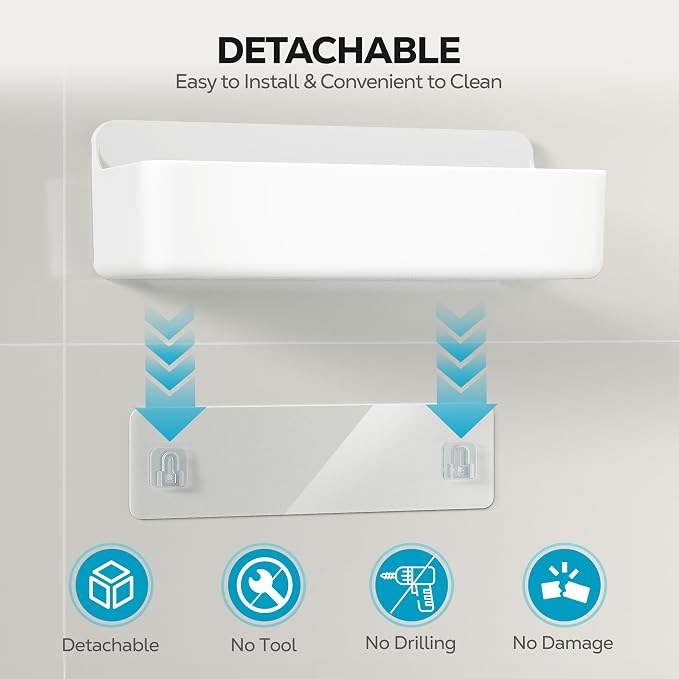 Nieifi Adhesive Shower Shelves, White, 2 Pieces | Rustproof ABS, Large Capacity, Removable Design, No Drilling Shower Organizer for Bathroom Storage & Home Decor - Image 4