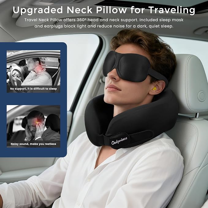 Travel Neck Pillow for Airplane, Neck Travel Pillow, Upgraded Soft 100% Pure Memory Foam - Lightweight and Stowable - Ergonomic Design for Long Flights, Car, Train, Office Use - Image 2