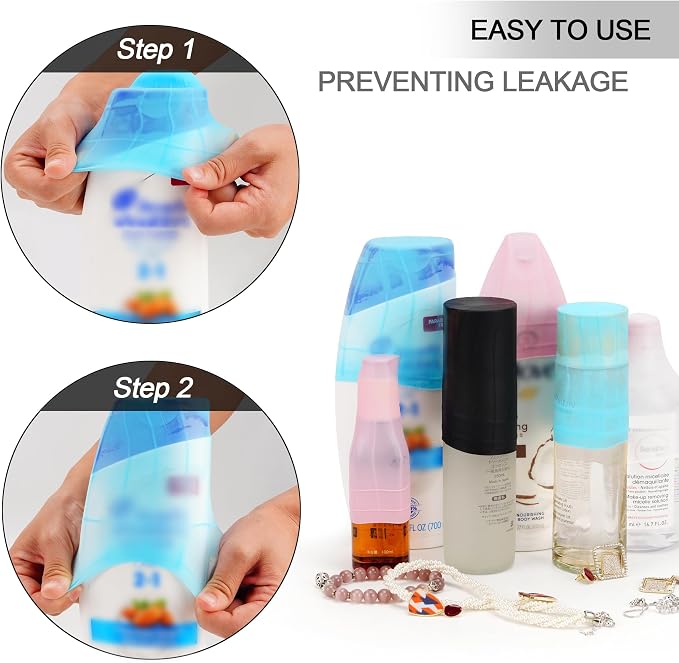 Travel Hanging Toiletry Bag for Women, Large Makeup Bag 8 Leak Proofing Silicone Bottle Covers, Waterproof Cosmetic Bag with Jewelry Organizer Compartment, Toiletries Kit Set, Black - Image 3