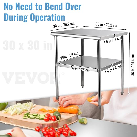 VEVOR Stainless Steel Prep Table, 30 x 30 x 36 Inch, 800lbs Load Capacity Heavy Duty Metal Worktable with Adjustable Undershelf & Feet, Commercial Workstation for Kitchen Garage Restaurant Backyard - Image 3