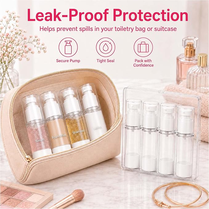 4 Pack Airless Pump Bottles, 1 oz Leakproof Travel Bottles with Pump for Toiletries, Small Empty Containers with Lids for Lotion Creams Serum Skin Care Shampoo Cosmetic Moisturizer Dispenser, Clear - Image 2