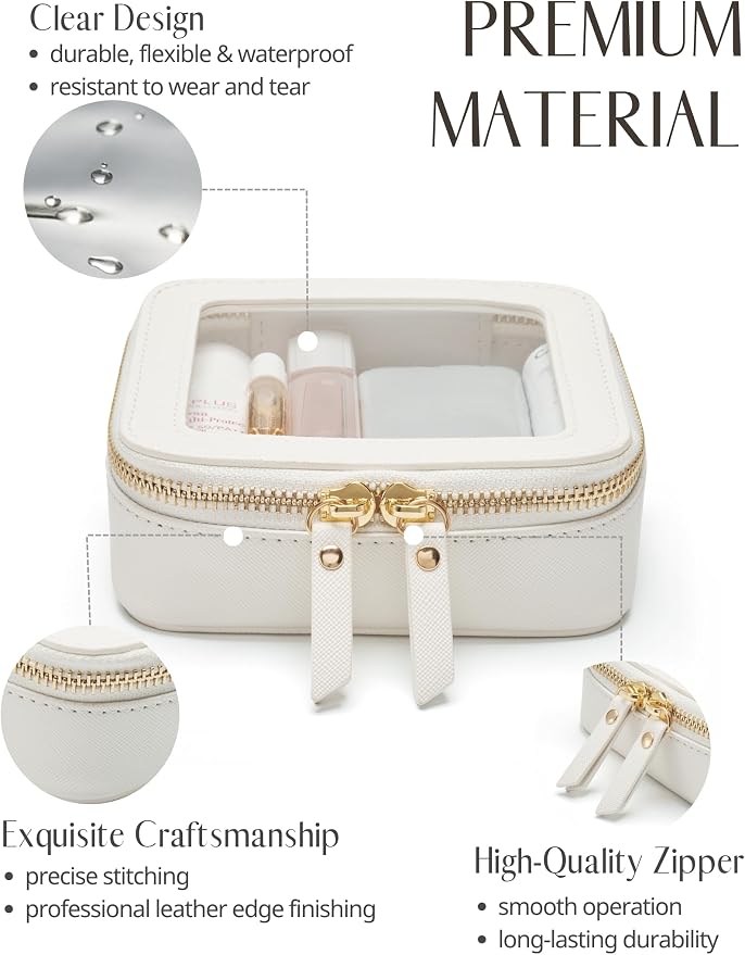 Small Clear Makeup Bag for Purse, Travel Cosmetic Case, White, Mini | Waterproof PU Leather, Transparent Square Make Up Pouch with Zipper, Tiny Toiletry Organizer Bag for Women Car Essentials Bag - Image 2