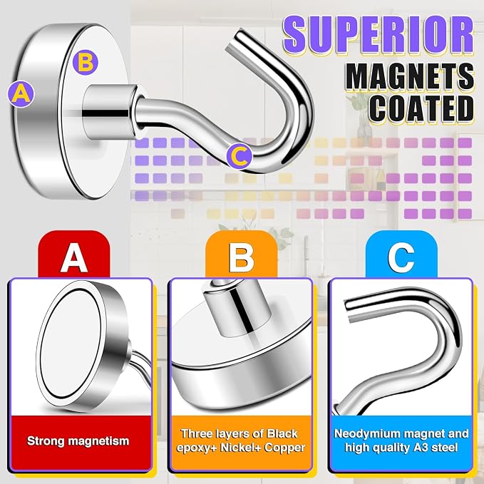 Magnetic Hooks for Cruise Cabins, 50LBS+, 12 Pack, Silver | Cruise Essentials 2026, Heavy Duty Magnets Hooks for Refrigerator, Storage, Grill, Hanging and Kitchen - Image 4