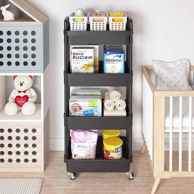 Calmootey 4-Tier Utility Cart with Drawer & Wheels, Storage for Home,Office | Space-Saving Organizer, Sturdy Plastic Shelves, Smooth-Rolling Metal Wheels, Built-in Drawer for Small Items, Black - Image 3