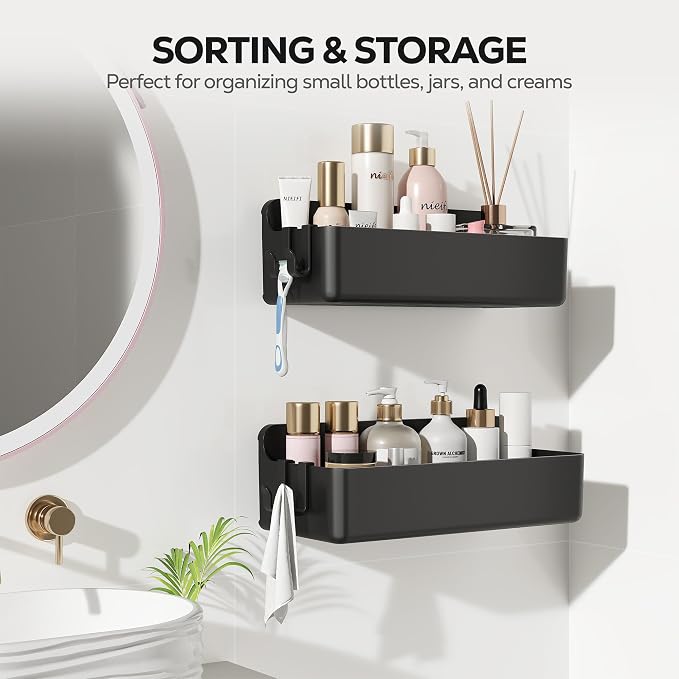 Nieifi Adhesive Shower Shelves, Black, 2 Pieces | Rustproof ABS, Large Capacity, Removable Design, No Drilling Shower Organizer for Bathroom Storage & Home Decor - Image 8
