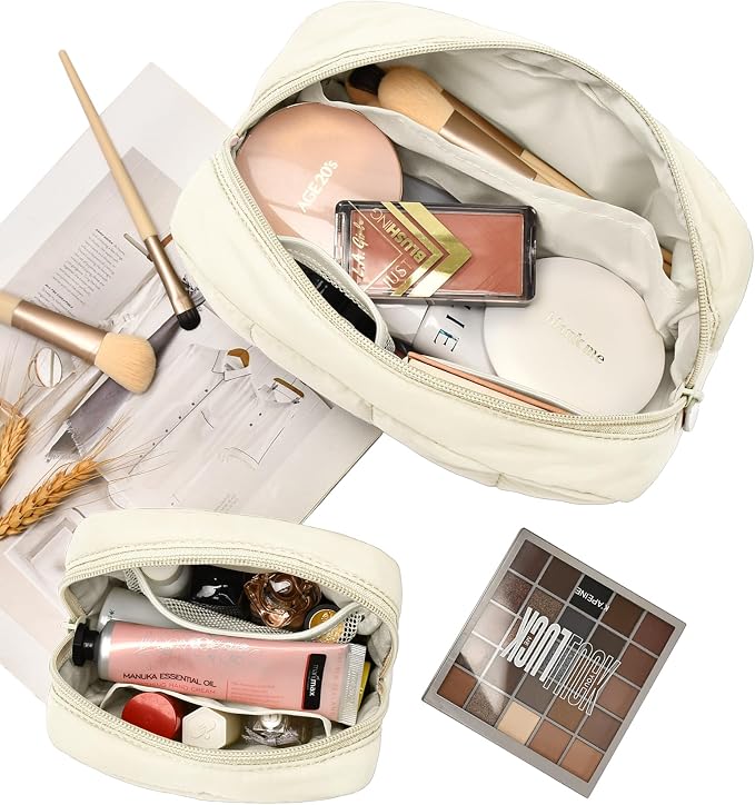2 Pcs Makeup Bag Travel Toiletry Bag for Women Puffy Padded Cosmetic Pouch Purse Wide-open Makeup Organizer Case Travel Essentials - Image 2