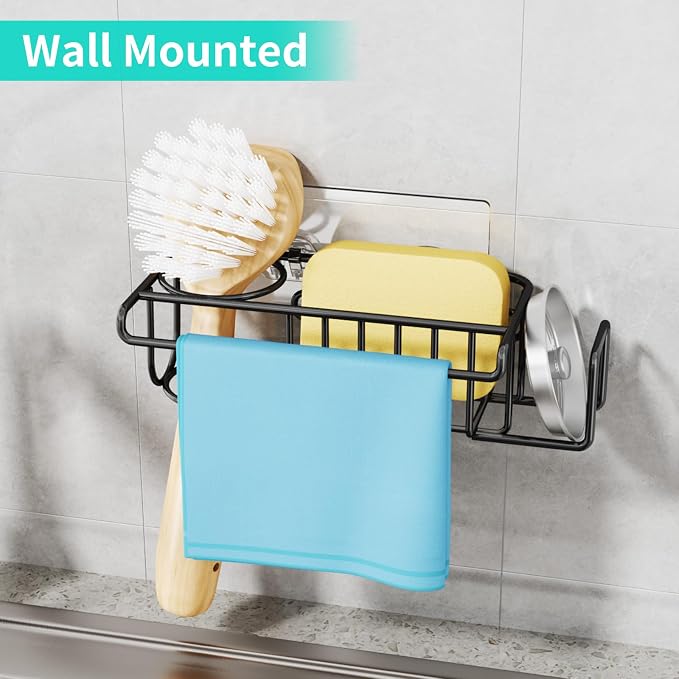 HapiRm 4 in 1 Kitchen Organizers and Storage, SUS304 Stainless Steel Brush Holder + Dish Cloth Hanger + Soap Rack + Sink Stopper Rack, No Drill Kitchen Essentials - Black - Image 6