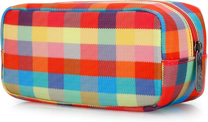 E-Tree Cute Makeup Bag,Travel Make up Pouch for Purse,Zipper Toiletry Cosmetic Brush Skin Care Case for Women Man,Tech Electronic Organizer,Small Canvas Storage for Personal Items,Colorful Checkered by E-Tree