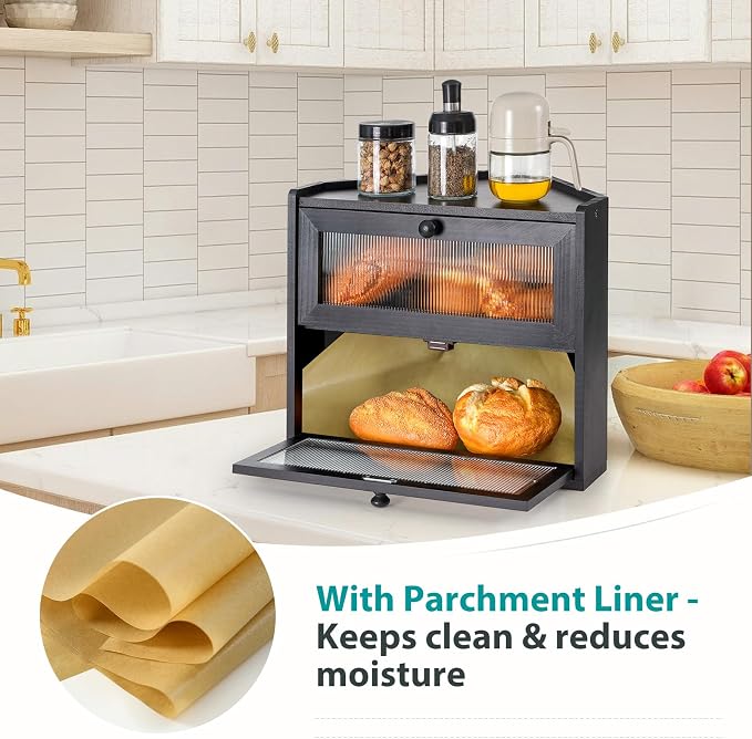 Sunhoo Bread Box for Kitchen Countertop Corner Large Wooden Bread Bin 2 Tier Rustic Food Storage Container with Acrylic Window Farmhouse Keeper Shelf Organizer for Loaves Pastries & Snacks (Black) - Image 3