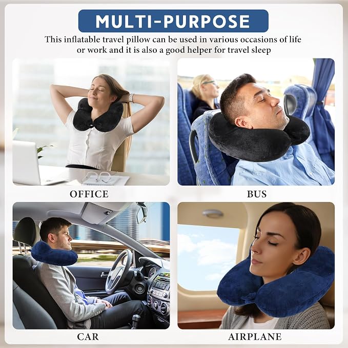 Sintuff 2 Pack Inflatable Travel Pillow for Airplanes Inflatable Neck Flight Pillows with Compact Bag and Blindfold for Traveling, Airplane, Train, Car, Office(Black and Blue) - Image 7