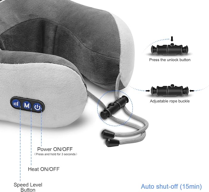 Travel Neck Pillow/Electric Neck Massager with Heating, Memory Foam Pillow for Neck Pain Relief, Neck Support Pillow for Airplane, Car, Office, Gift (Grey) - Image 5