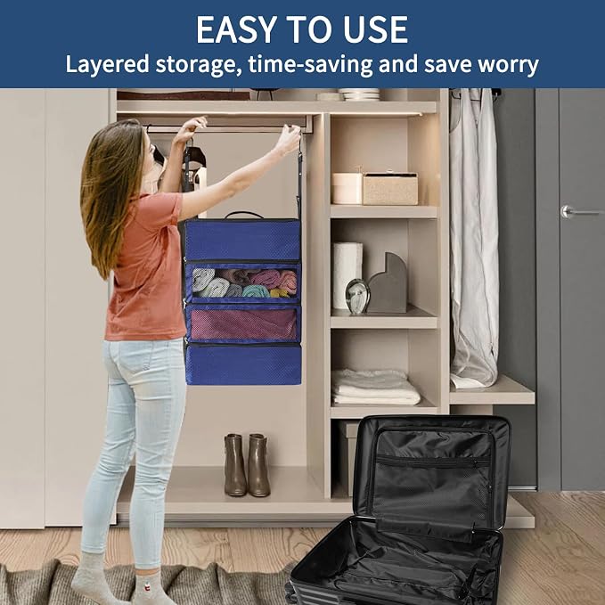esouler Suitcase Organizer, Travel Luggage Organizer hanging packing cubes for travel，portable hanging travel shelves Collapsible closet organizer for Carry-on (Navy blue, Medium) - Image 6