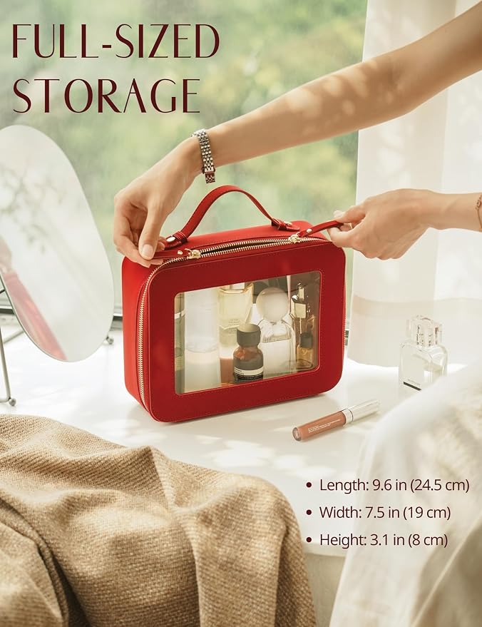 Clear Large Makeup Bag Mahjong Tile Bag with Zipper and Handle Red | Structured Large Travel Makeup Bag for Toiletries for Women, Big Long-trip Cosmetic Case, Waterproof PU Leather, Wide Opening - Image 4