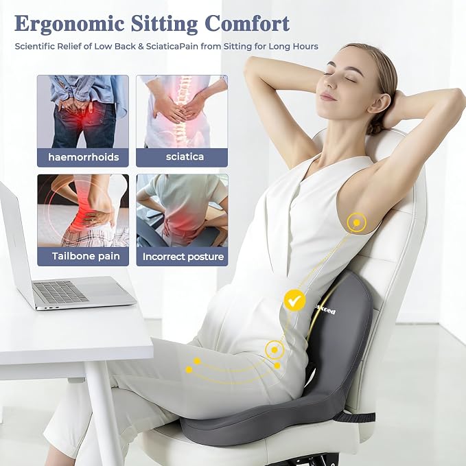 Memory Foam Seat Cushion for Sciatica & Back Pain Relief - Ergonomic Chair Pad with Adjustable Strap & Supportive Comfort Cover, Non-Slip for Car, Truck, Office Chair - Dark Gray - Image 2