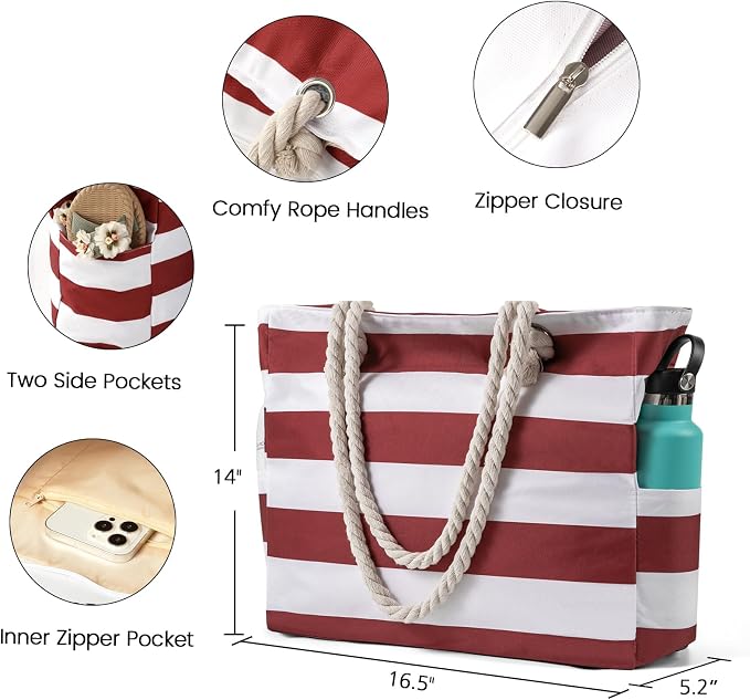 Clothirily Beach Bag for Women, Large Beach Tote Bag Waterproof with Zipper | Large Capacity Swim Pool Bag, Inner Pockets, Sandproof Foldable Beach Tote for Travel Essentials - Image 3