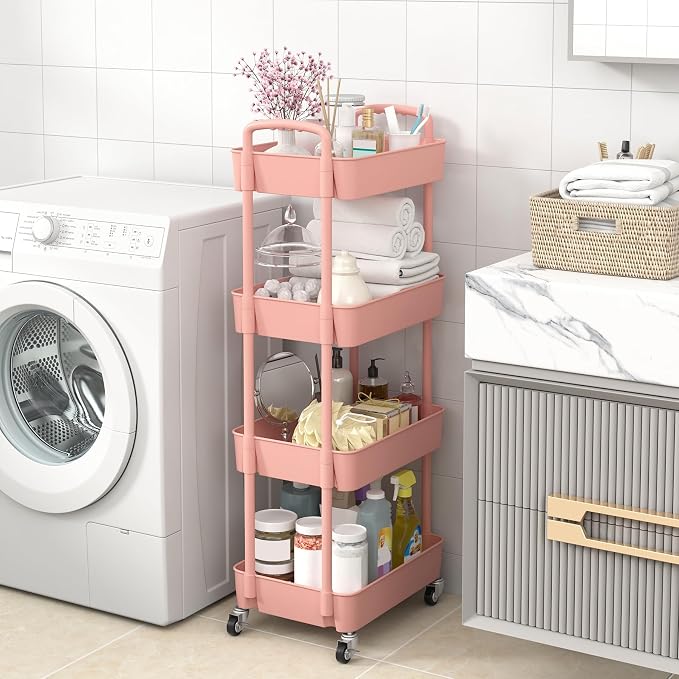 Sywhitta 4-Tier Plastic Rolling Utility Cart with Wheels for Storage, Pink | Multi-Functional Storage Trolley, for Office, Living Room, Kitchen, Bathroom,Movable Organizer,Space-Saving,Easy to assemble - Image 4