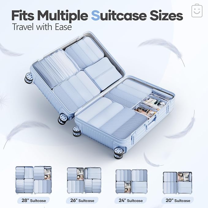 Veken 11 Set Compression Packing Cubes Garment Bags for Travel Essentials,Compressible Expandable Luggage Organizer Bags for Clothing,Space Saver Bags with Over 1000 pcs of Mesh Holes(Light Blue) - Image 8