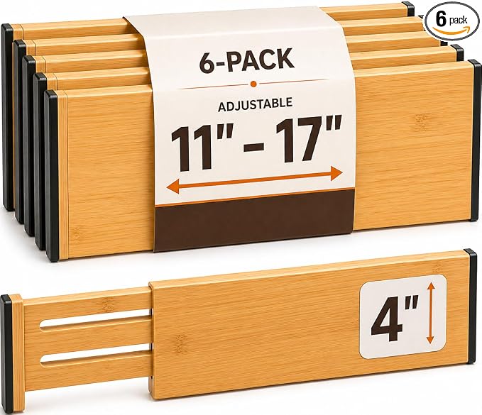 6-Pack Deep Drawer Dividers 4-Inch High Dresser Drawer Organizer, Bamboo | Adjustable 11.5-17 Inch Spring-Loaded Separators for Clothes, Utensils, Socks, Bedroom, Bathroom, Kitchen, Office, No Tools by Bamb%C3%BCsi