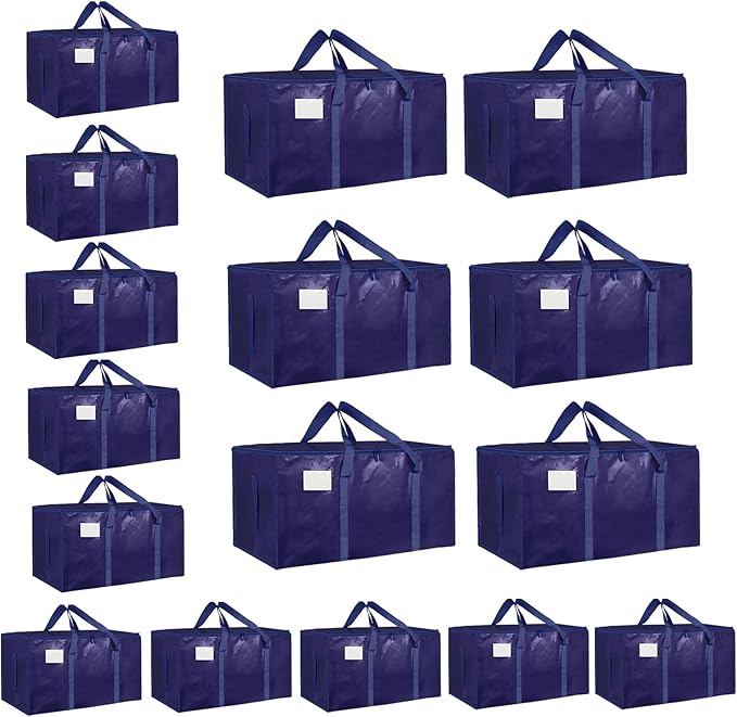 16 Pack-Extra Large Heavy Duty Moving Bags - Waterproof Storage Totes with Handles & Zippers, Foldable for College Dorm, Storage (Dark Blue) by Unknown