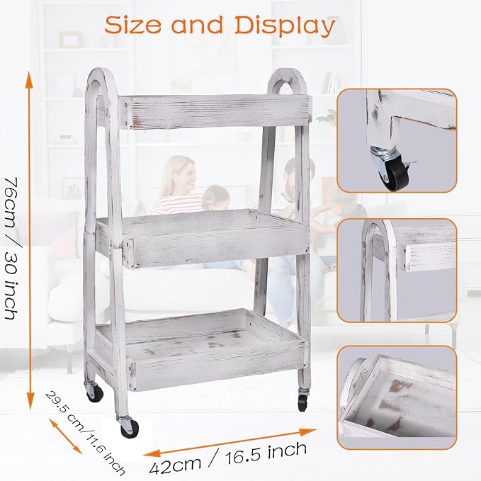 3-Tier Rolling Utility Cart with Lockable Wheels Storage Slim Storage Heavy Duty Cart Mobile Shelving Unit Craft Narrow Organizer for Bathroom Laundry Kitchen (Vintage White) - Image 2