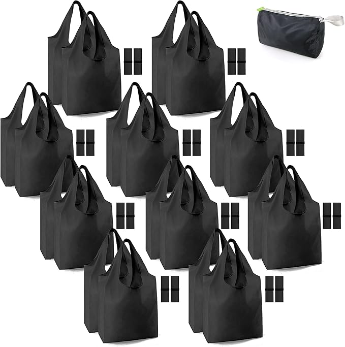 BeeGreen 20 Pack Black Reusable Grocery Bags with Storage Pouch Reusable Shopping Bags Bulk w Elastic Band 50LBS X-Large Foldable Tote Bags Machine Washable-Heavy Duty Cloth Tote Bags for Groceries by BeeGreen