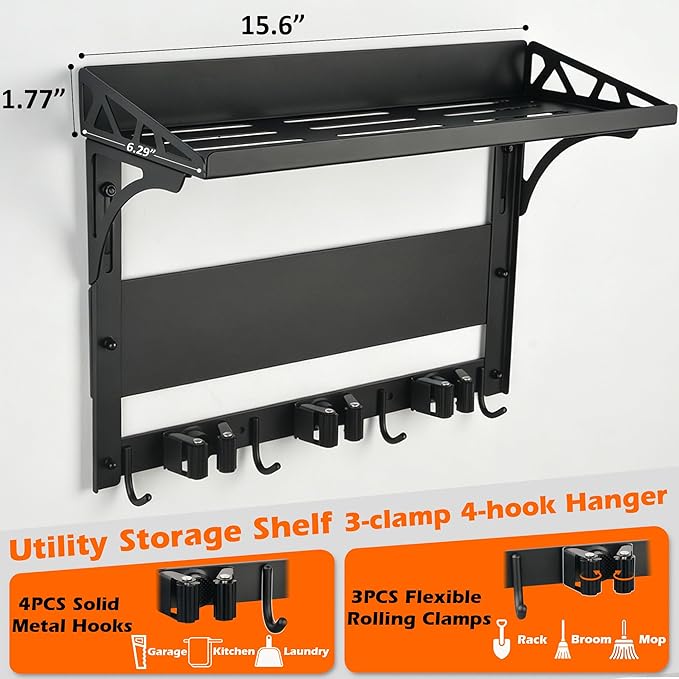 MUTUACTOR Heavy Duty Magnetic Broom Holder,Anti-slip Magnetic Tool Rack with Top Utility Shelf, Easy Assembly Broom Mop Organizer for Refrigerator Metal Cabinet Laundry Room Kitchen,3-Clamps 4-Hooks - Image 5