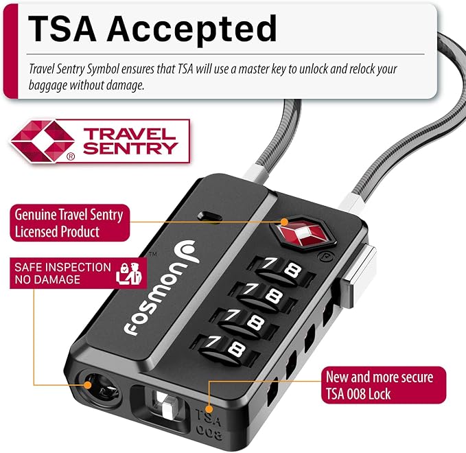 Fosmon TSA Approved Luggage Locks, 4 Digit Combination, 2 Pack Black | Open Alert Indicator, Heavy Duty Metal Body, Cable Travel Lock, Suitcase Backpack Padlock, Anti Theft Security - Image 2