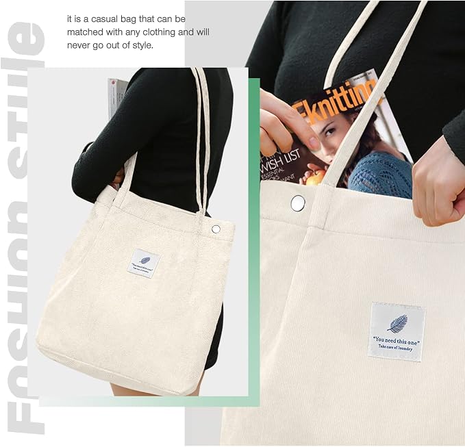 LHMTQVK Corduroy Tote Bags for Women, Large Capacity Tote Purse Reusable Grocery Shoulder Bag with Inner Pockets - Image 5