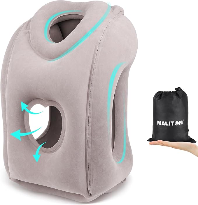 Maliton Inflatable Travel Pillow for Airplane Comfortable Sleeping, (Grey) | Relieve Neck & Shoulder Pain, Support Head Inflatable Pillow for Long Flights,Used for Airplanes, Cars, Trains, Office by Maliton