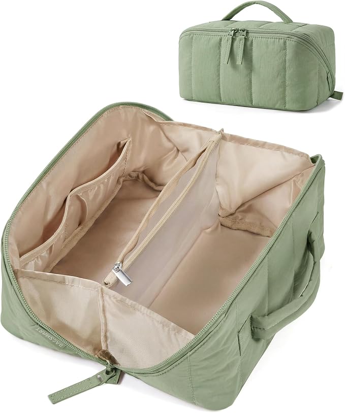 BAGSMART Puffy Travel Makeup Bag Toiletry Bag for Women, Sage Green | Open Flat, Portable, Make Up Organizer, Water-resistant, Puffy Padded, For Toiletries, Brushes by BAGSMART