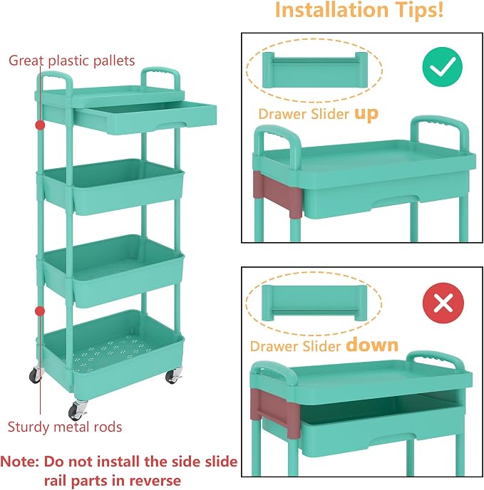 Calmootey 4-Tier Utility Cart with Drawer & Wheels, Storage for Home,Office | Space-Saving Organizer, Sturdy Plastic Shelves, Smooth-Rolling Metal Wheels, Built-in Drawer for Small Items, Green - Image 6