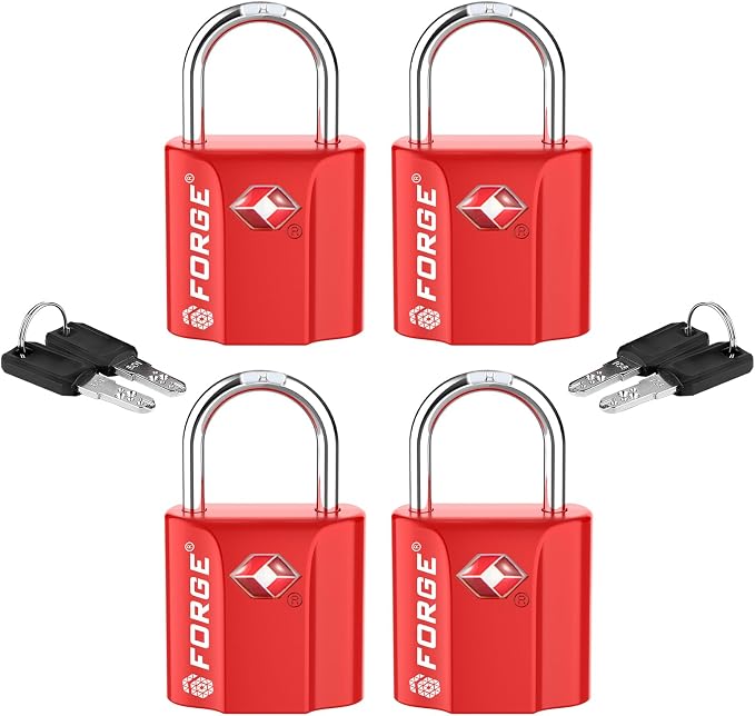 Forge Small TSA Approved Luggage Locks: Ultra Secure Dimple Key Travel Locks Alloy Body, for Luggage, Travel Cases, Backpacks, Red 4 Pack. by Forge