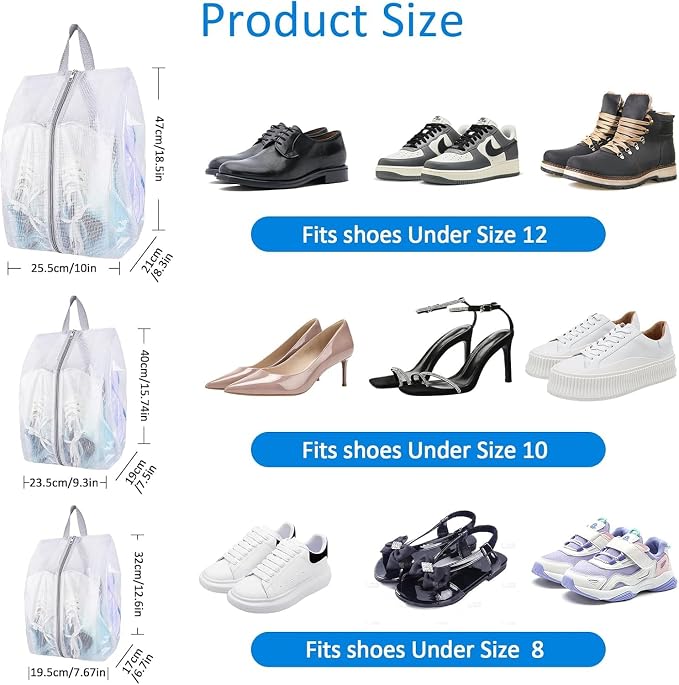 SelfTek Shoe Bags for Travel, 3 Pack 3 Size Double-Sided Zipper Shoe Bag for Men & Women, Waterproof Portable Shoe Storage Pouch with Handle, Family Travel Accessories - Image 2