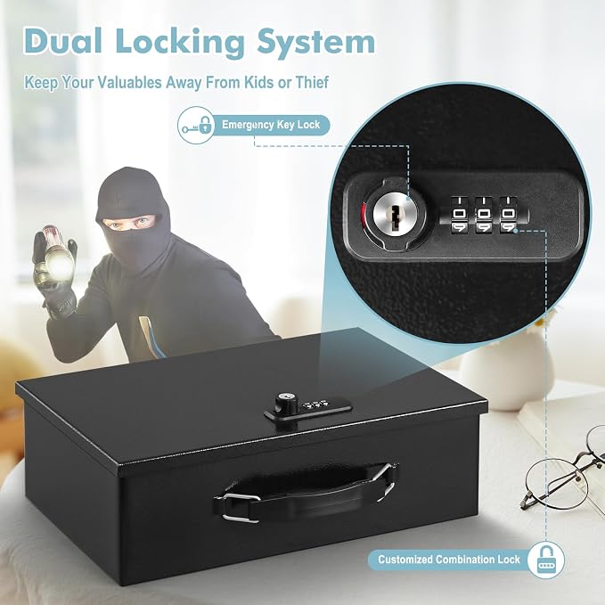 KYODOLED Fireproof Lock Box for Documents, Dual Combination and Key Lock Security with Carrying Handle, Metal Strong Safe Box to Keep Personal Items,Documents, Exterior 12.6" x 8.3" x 3.58", Black - Image 4