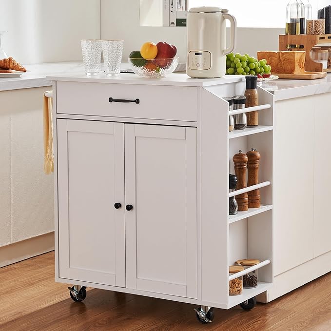 VEVOR Kitchen Island Cart, 32" Mobile Carts with Storage Cabinet, Rolling Table with Power Outlet, Spice Rack, Towel Bar, Adjustable Shelf, Drawer, Dining Living Room Portable Islands on Wheels, White - Image 8