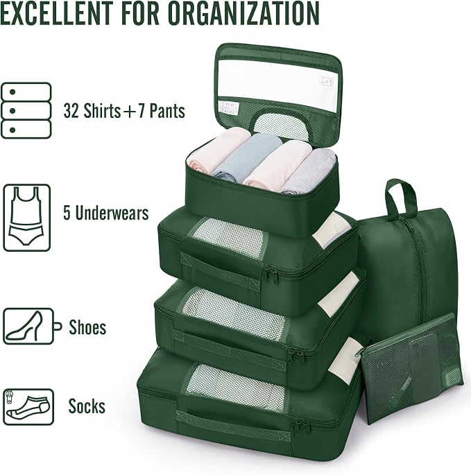 Veken 8 Set Packing Cubes for Travel Essentials,Anti-Wrinkle Buckled Suitcase Organizer for Shoe & Toiletry Bag,Carry On Luggage Bag with 99+ Count Mesh Holes for Airplane & College Dorm Accessories - Image 5