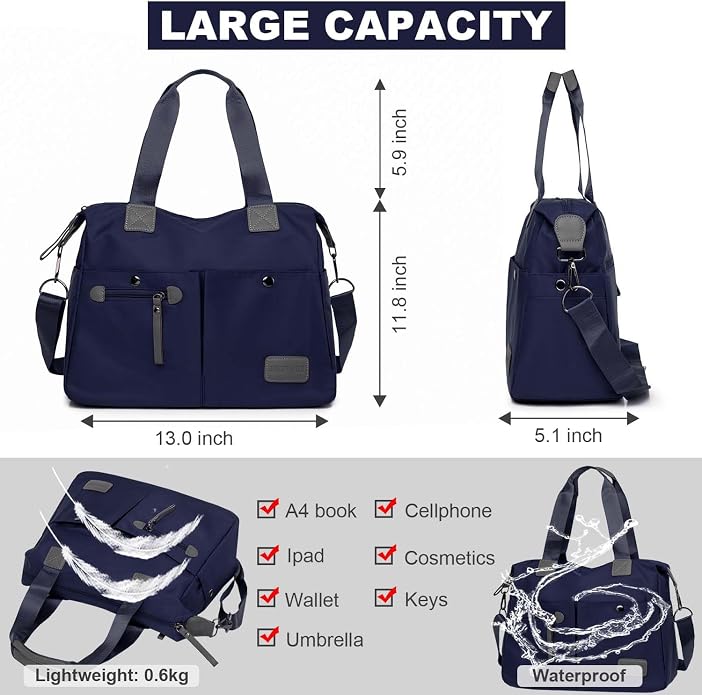 Tote Bag for Women,Multi Pockets Shoulder Handbag,Nurse Bag for Work,Large Cross body Purse,Fashion Nylon Top Handle Satchel - Image 6