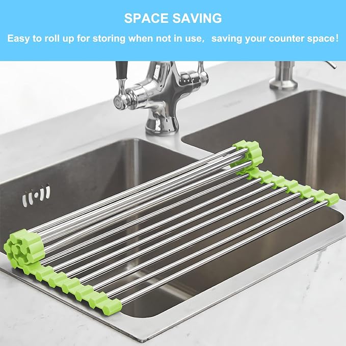 Seropy Roll Up Dish Drying Rack Over The Sink Drying Rack for Kitchen Counter, Rolling Dish Rack Over Sink Mat, Foldable Dish Drainer Stainless Steel Rack Kitchen Organization Green 17.5"x11.8" - Image 3