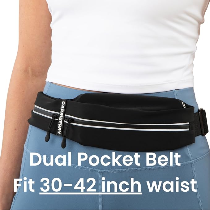 Slim Running Belt - Dual Pocket Waterproof Pouch for All Phones | Expandable Pockets; Reflective Pull Zippers; Bounce Reduction Technology; Adjustable elastic waistband; For Phones & Keys - Image 2