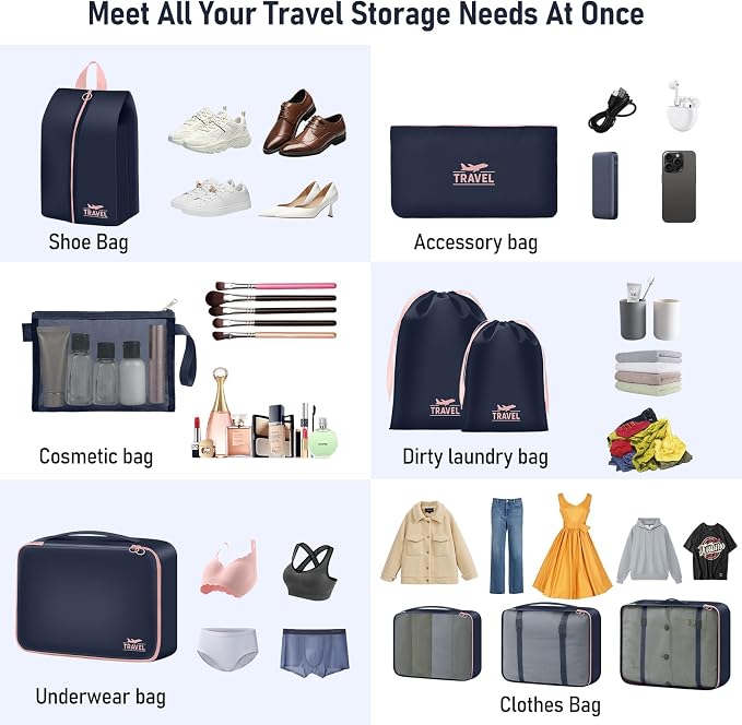 Packing Cubes for Travel- 8 Set Luggage Organizer Bags for Family, Mesh Breathable Travel Packing Cubes for Suitcases Durable Travel Essentials Bags Set (Navy Blue, 10 Set) - Image 5