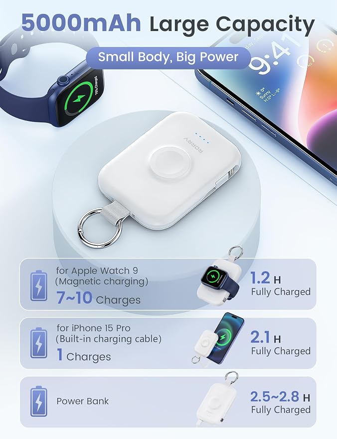 RORRY CharmGo Portable Charger, 5000mAh Portable Charger Power Bank | Built-in Cables,Travel Keychain Battery Pack Essentions for Apple Watch 1~11 Series/Ultra/SE & iPhone Air/17/16/15/14/13/12 - Image 3