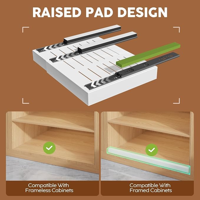 Seinloes 2 Pack Expandable Pull Out Cabinet Organizer 16.5"Deep with Raising Pad for Framed Cabinets,Upgrade 3 Slide Rails Slide Out Drawers,Roll Out Shelves Adhesive,Adjustable Width 12.2"-20.4"White - Image 2