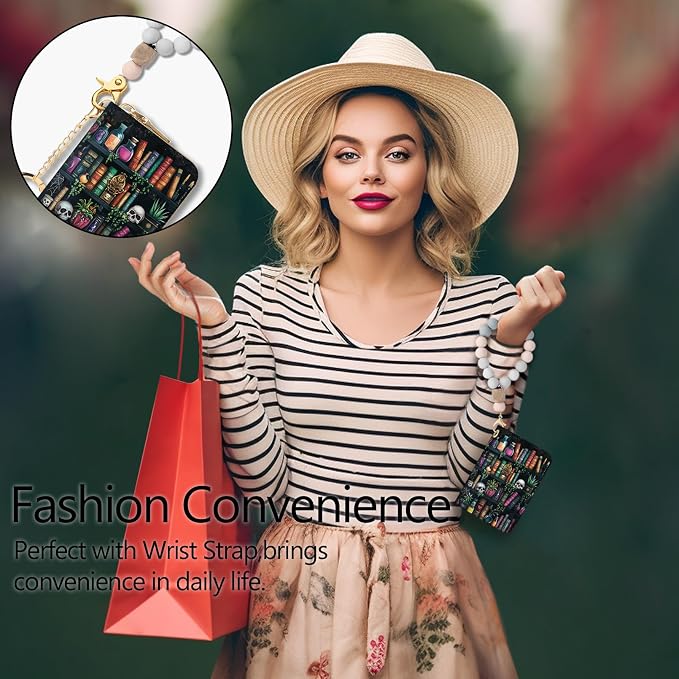 Blusabaca RFID Credit Card Holder Small Women Travel Wallet, Bookshelf Goth | Removable Keychain, Case with Zipper, Vegan PU Leather, Cash Coin Pocket, Business Accordion Purse, Ladies Female Gift - Image 2