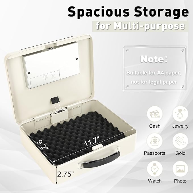 KYODOLED Off-White Safe Box with Digital Keypad Lock, Lock Box with Code for Personal Items, Metal Security Box for Cash, Passport, Ideal for Home, Office, Garage Sale, 11.8'' x 9.4'' x 3.5'' - Image 3